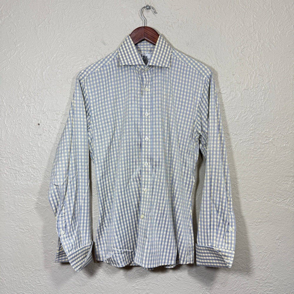 Vtg Vogue Button Up Shirt Med Gingham Check Plaid Yellow Blue Cotton 90s Preppy‎